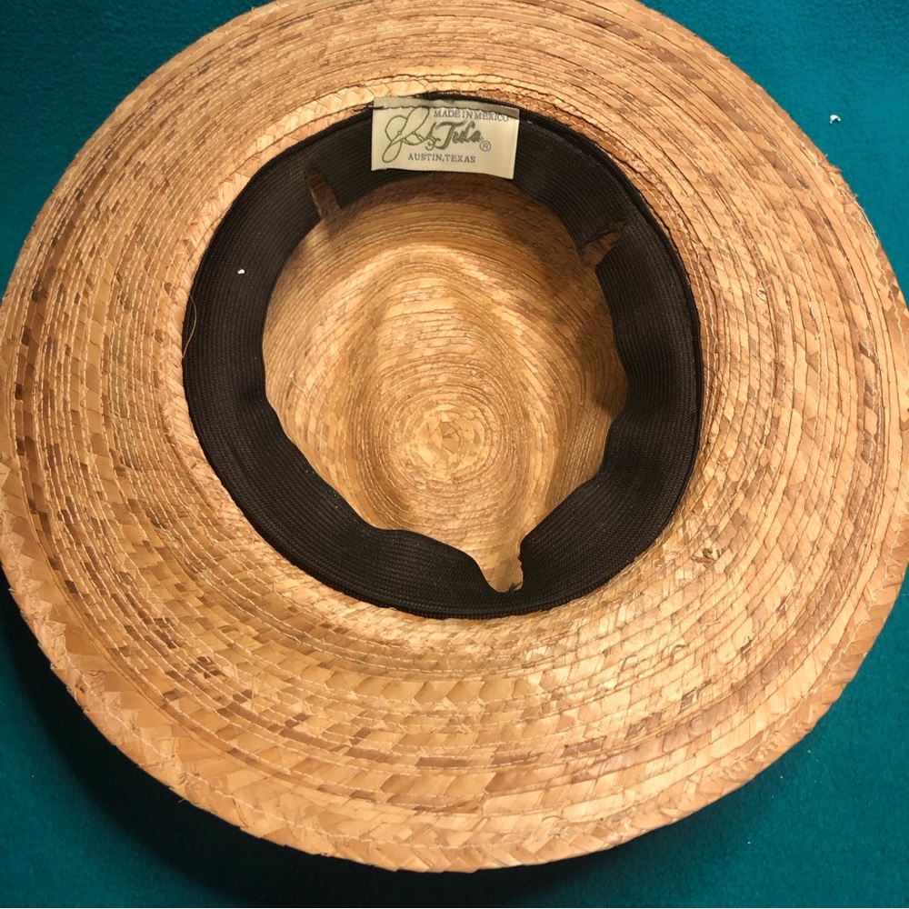 Tula of Austin, TX Straw Fedora w Striped Ribbon Band w Tula Medallion - Picture 7 of 12
